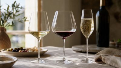 Drie verschillende wijnglazen met witte wijn, rode wijn en mousserende wijn op een tafel bij het raam