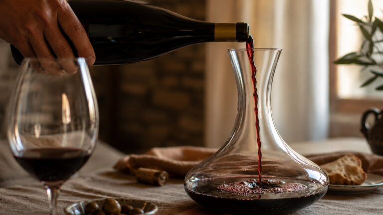 Vinho tinto a ser vertido lentamente para um decantador à mesa