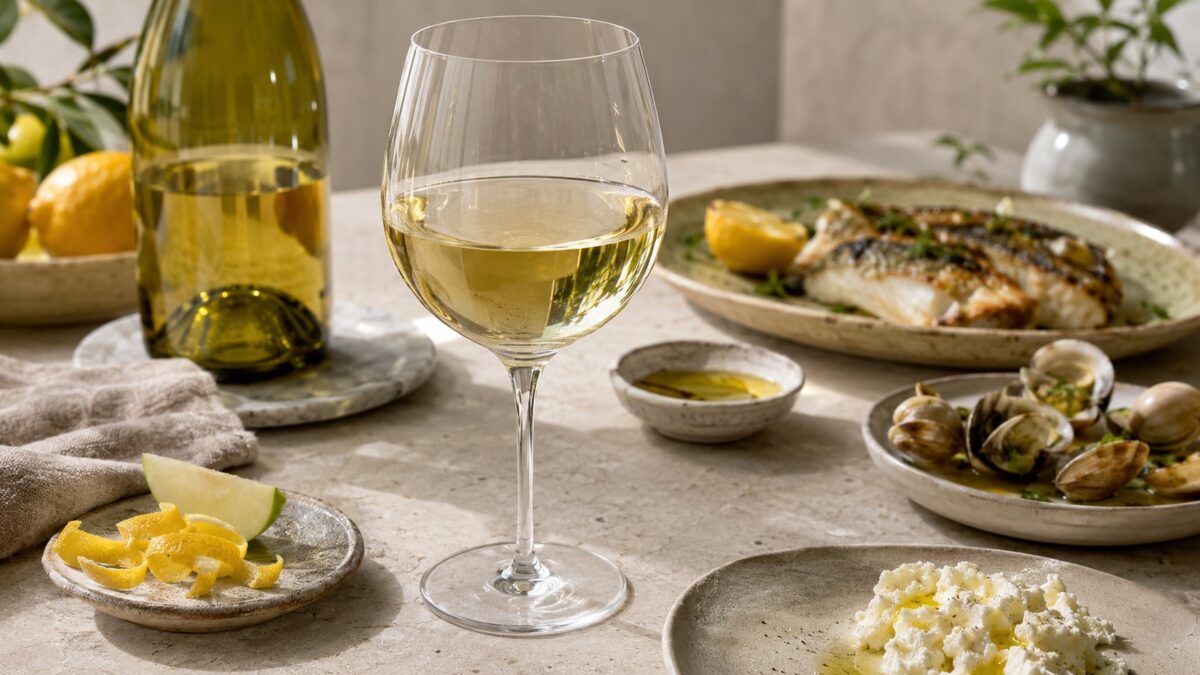 Vinho branco seco: o que significa e como escolher Copo de vinho branco seco com peixe grelhado e marisco à mesa