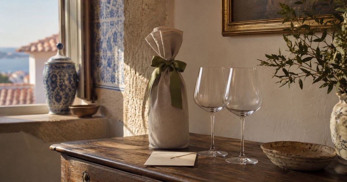 Wine as a gift: how to choose a bottle with good taste Wrapped wine bottle to give as a gift on a Portuguese table with two glasses
